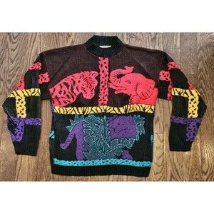 Vtg 80s Custom Designs Women's African Safari Animal Print Sweater Sz M Leopard